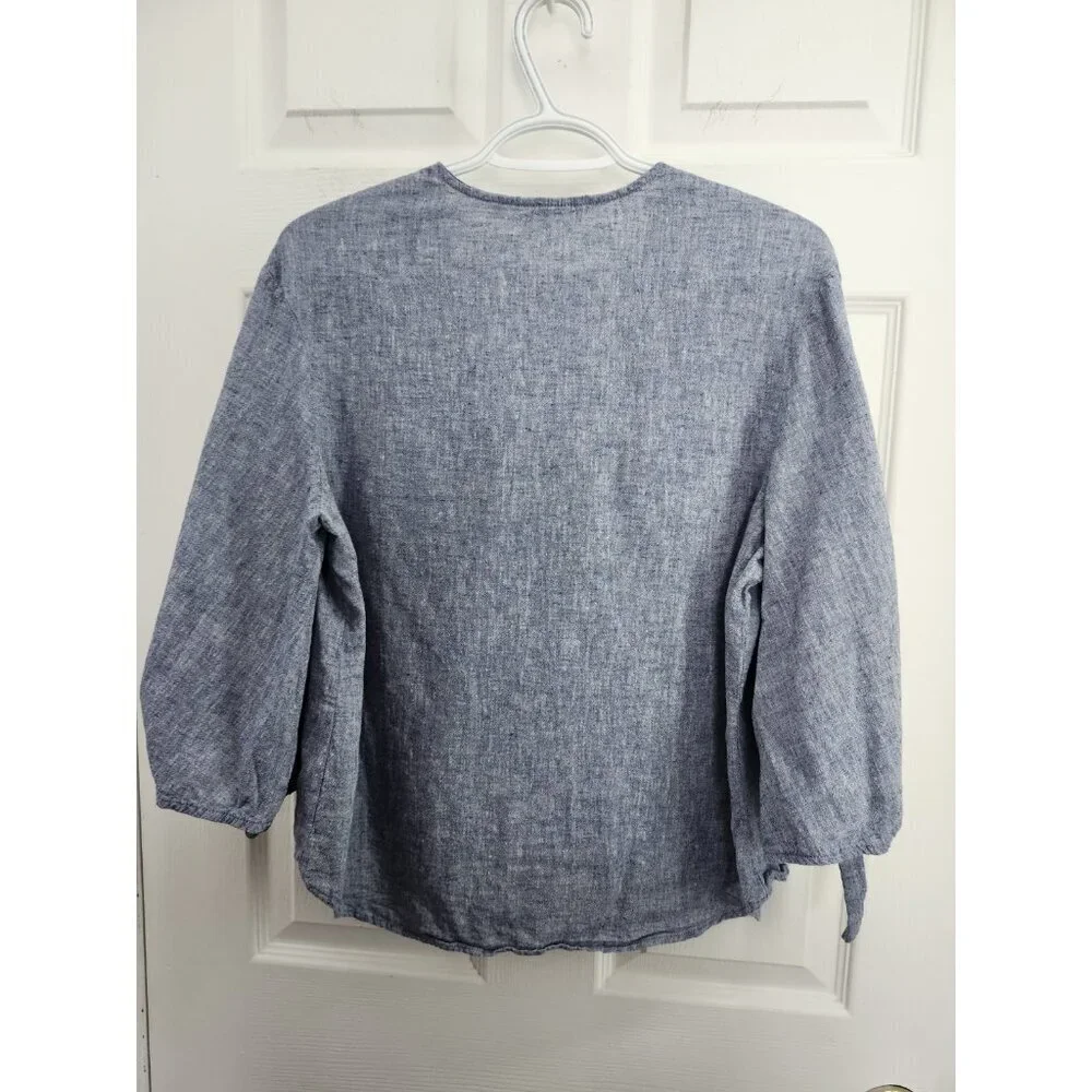 Zara Woman Sz Med  Soft Blue Chambray Fabric Tied Sleeves Casual Sophisticated - Picture 2 of 8
